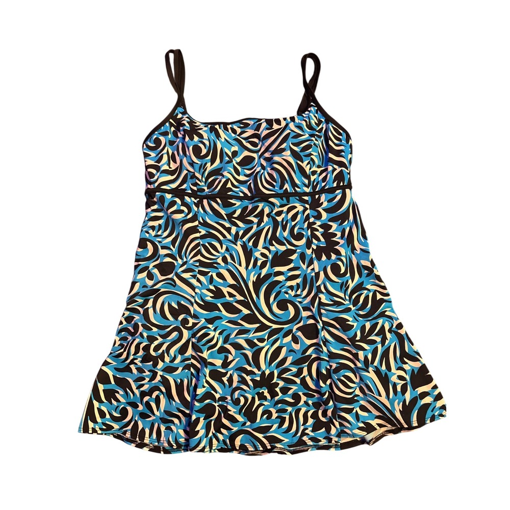 Great Lengths Women's Blue Black Abstract Print Swimdress One Piece Swimsuit 14